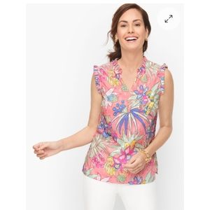 New Talbots Floral Bird Tropical Swiss Dot Sleeveless Ruffle Trim Shell Tank Top
